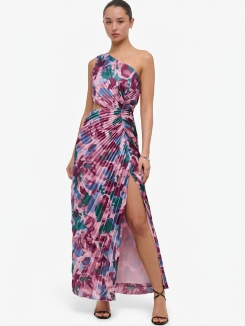 Abercrombie & Fitch One Shoulder Pink Floral Pleated Cut Out Maxi Dress New